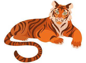 Fototapeta na wymiar Wild tiger symbol of New Year 2022 isolated on white background. Exotic cartoon animal with stripy coat. 