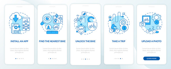 Bicycle share usage onboarding mobile app page screen. Installing application walkthrough 5 steps graphic instructions with concepts. UI, UX, GUI vector template with linear color illustrations