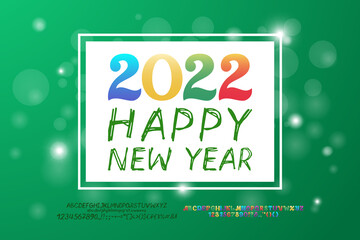 Greeting card Happy New Year. Multicolor original numbers and hand-drawn sketch letters. Green background with shine. Two sets of decorative fonts are included