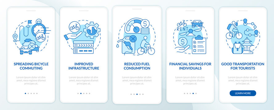 Bike sharing advantages onboarding mobile app page screen. Improved infrastructure walkthrough 5 steps graphic instructions with concepts. UI, UX, GUI vector template with linear color illustrations