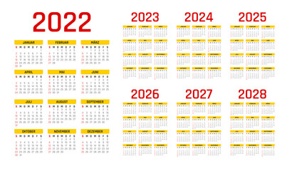 2022-2028 calendar German. 2022 Duitse kalender. 2023 kalender. 2024 kalender. 2025 kalender. 2026 kalender. 2027 kalender. 2028 kalender. 2022-2028 kalender. 2022-2028.	
 - obrazy, fototapety, plakaty