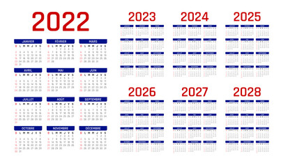 Calendrier français 2022-2028. Calendrier 2022.Calendrier 2023. Calendrier 2024. Calendrier 2025. Calendrier 2026. Calendrier 2027. Calendrier 2028.