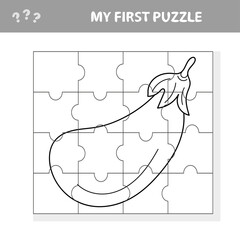 Logic puzzle for kids. Education developing worksheet with eggplant. Activity page in cartoon style. Coloring page