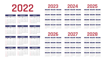 2022-2028 Calendar English. 2022 calendar. 2023 calendar. 2024 calendar. 2025 calendar. 2026 calendar. 2027 calendar. 2028 calendar. 2022-2028 almanac. 2022-2028 date block. Vector Illustration. - obrazy, fototapety, plakaty
