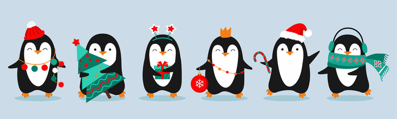 Cute penguins. Christmas penguins on light blue background. Vector