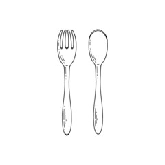 Kitchen cutlery items of spoon and fork, sketch vector illustration isolated.
