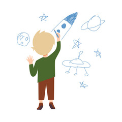 Child draws a rocket on white wall, flat vector illustration isolated on white.