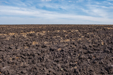 Blue sky and plowed field 