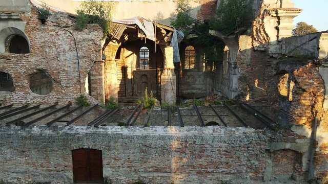 Aerial shot city Brody. The ruins of the synagogue. Ukraine.
