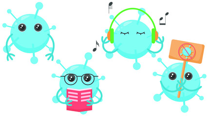 Set Abstract Collection Flat Cartoon 
Virus Pandemic Science Stand, Reading Book, Listening To Music On Headphones, With A Sign Prohibiting Viruses Vector Design Style Elements Fauna Wildlife
