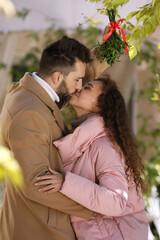 Happy couple kissing under mistletoe bunch outdoors