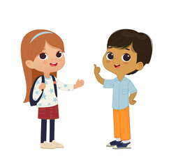 Cartoon vector illustration of the smiling cute boy and girl pointing at a bubble with place for text. Preschool children boy and girl. School kids illustration isolated on white background..