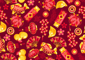 Happy Chinese New Year seamless pattern. Background with talismans and holiday decorations. Asian tradition symbols.