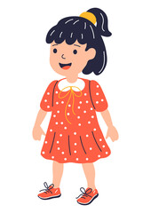 Illustration of standing smiling girl. Child in cartoon style. Image for school and kindergarten.