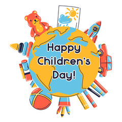 Happy children day greeting card. Illustration of earth with various kids toys.