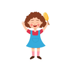 Kid rejoices in delicious ice cream on stick, in flat vector illustration