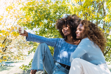 Naklejka premium Two female afro american friends smiling while taking selfie in the park. Afro black friends with curly hair and blue jumper smiling while taking selfie in the forest