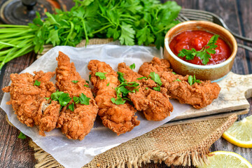 
 Crispy  deep fried   chicken strips and wedges potato. Breaded  with cornflakes chicken  breast fillets  with chilly peppers and fresh   basil on wooden rustic background