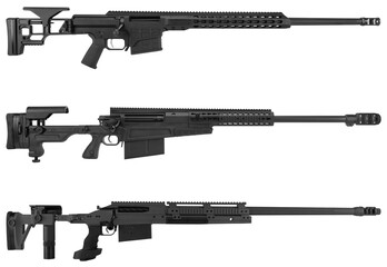 sniper rifles, collection of images isolated on white background. black and white photograph of a...