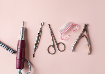 Set of metal tools for manicure and pedicure and nail fraser. Specialized equipment for nail...