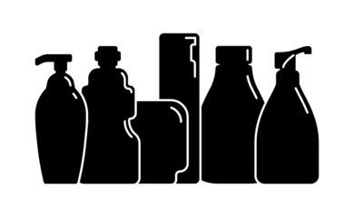 Cosmetic container. Group plastic cosmetic jar product. Oil, mask, cream. Illustration design in the form of black silhouette with thin white lines. Isolated icon in flat style on white background