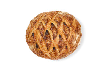Top view of loaf of freshly baked wheat bread isolated on white background.