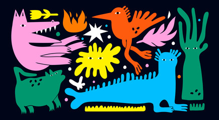 Various strange creatures. Abstract imaginary monsters. Fictional, fantastic animals. Cute disproportionate characters. Colorful trendy Vector set. Hand drawn illustration. All elements are isolated © Dariia