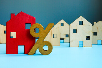 Red house model and percent sign. Refinance mortgage rates.