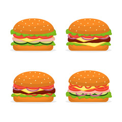 Set of burgers with ham, cutlet, cheese and vegetables. Vector illustration isolated on white background.
