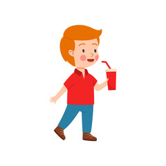 Happy kid drinking juice or milkshake, flat vector illustration isolated.