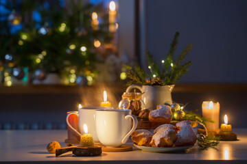 two cups of tea with homemade christmas baked goods on kitchen with christmas decoration