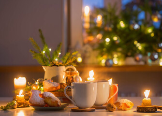 two cups of tea with homemade christmas baked goods on kitchen with christmas decoration