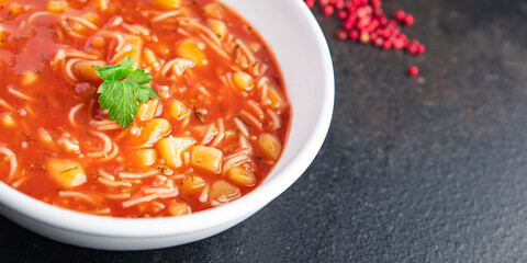 minestrone red tmato soup beans and vegetables meal snack on the table copy space food background rustic. top view keto or paleo diet