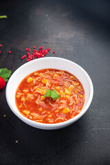 minestrone red tmato soup beans and vegetables meal snack on the table copy space food background rustic. top view keto or paleo diet