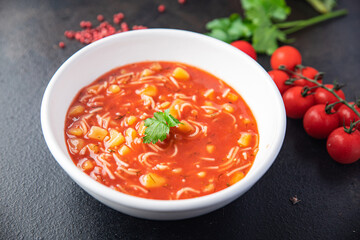 minestrone red tmato soup beans and vegetables meal snack on the table copy space food background rustic. top view keto or paleo diet
