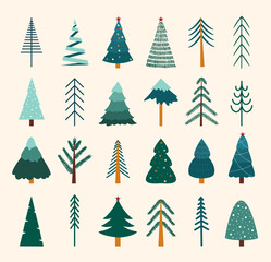 Collection of Christmas trees, modern flat design. For printed materials - leaflets, posters, greeting cards or for web