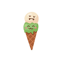 Cone waffle ice cream with scoops and face expressions, cartoon vector illustration isolated on white background.