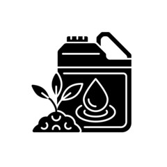 Liquid fertilizer black glyph icon. Fluid mixture of supplements. Pouring and spraying. Plants and crops supplement. Ground additive. Silhouette symbol on white space. Vector isolated illustration