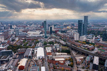 Aerial view of Manchester city in UK on a beautiful sunny day.