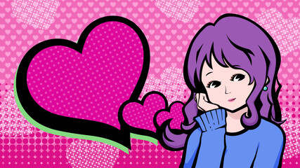 ハートの背景と顎に手をあてる女性のイラスト_アメコミ風_16:9