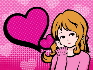 ハートの背景と顎に手をあてる女性のイラスト_アメコミ風