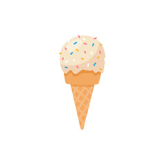 Ice cream with vanilla flavour scoop in waffle cone, flat vector illustration isolated on white background.