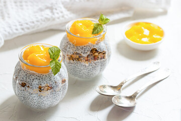 Healthy Chia Pudding with Coconut Milk, mango, chia seeds, granola in a Glass. Concept of healthy eating, healthy lifestyle, dieting, fitness menu. 