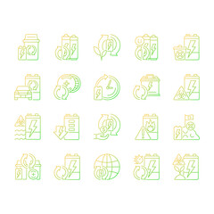 Battery recycling gradient linear vector icons set. Discharged accumulator reuse. Electronic waste recovery. Thin line contour symbols bundle. Isolated outline illustrations collection