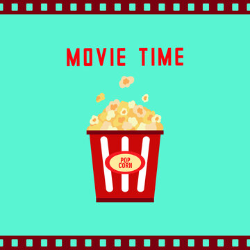 Movie Time Pop Corn with Film Strip Background Design Vector