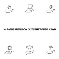 Giving and present concept. Collection of modern outline symbols for web sites, advertisment. Line icon of flame, coffee cup, target, sun, star, gift over hand