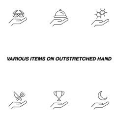 Giving and present concept. Collection of modern outline symbols for web sites, advertisment. Line icon of 3d glasses, cloche, chemical compound, cup etc over hand