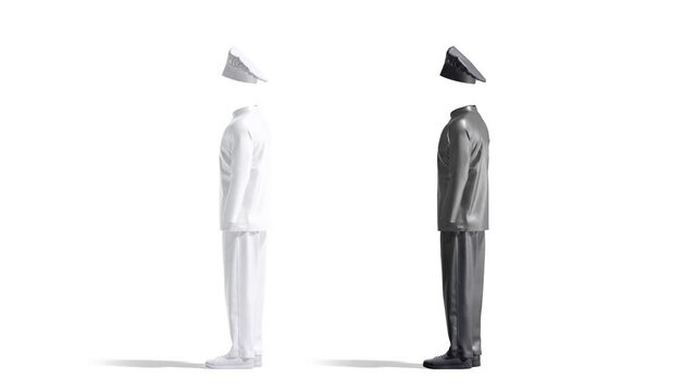 Blank black and white full chef uniform mockup, looped rotation, 3d rendering. Empty kitchener costume with overcoat, toque mock up, isolated on white background. Clear restaurant workwear template.