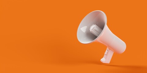 White megaphone or bullhorn floating over orange background, business announcement or communication concept with copy space - 472061721
