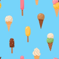 Ice cream cones and popsicles seamless pattern flat vector illustration.